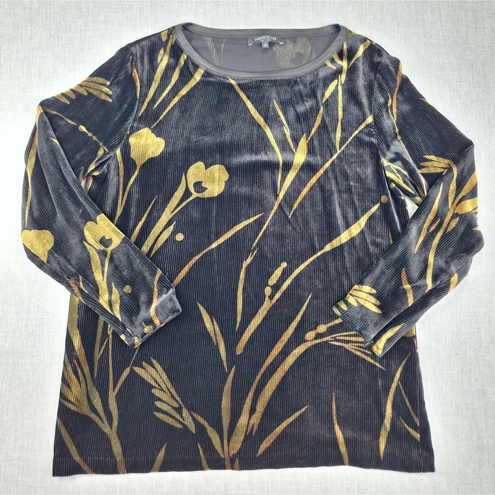 Lafayette 148 New York Silk Blend Velvet Burnout Floral Top Grey Gold Small
